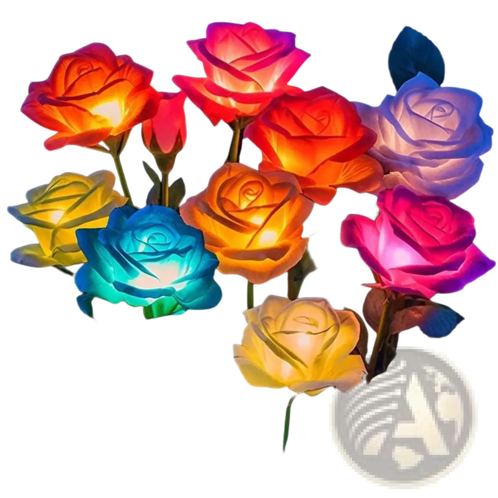 A cluster of solar garden lights 4 pack color changing rose flowers with illuminated red orange yellow blue and pink petals