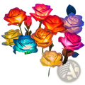 A cluster of solar garden lights 4 pack color changing rose flowers with illuminated red orange yellow blue and pink petals