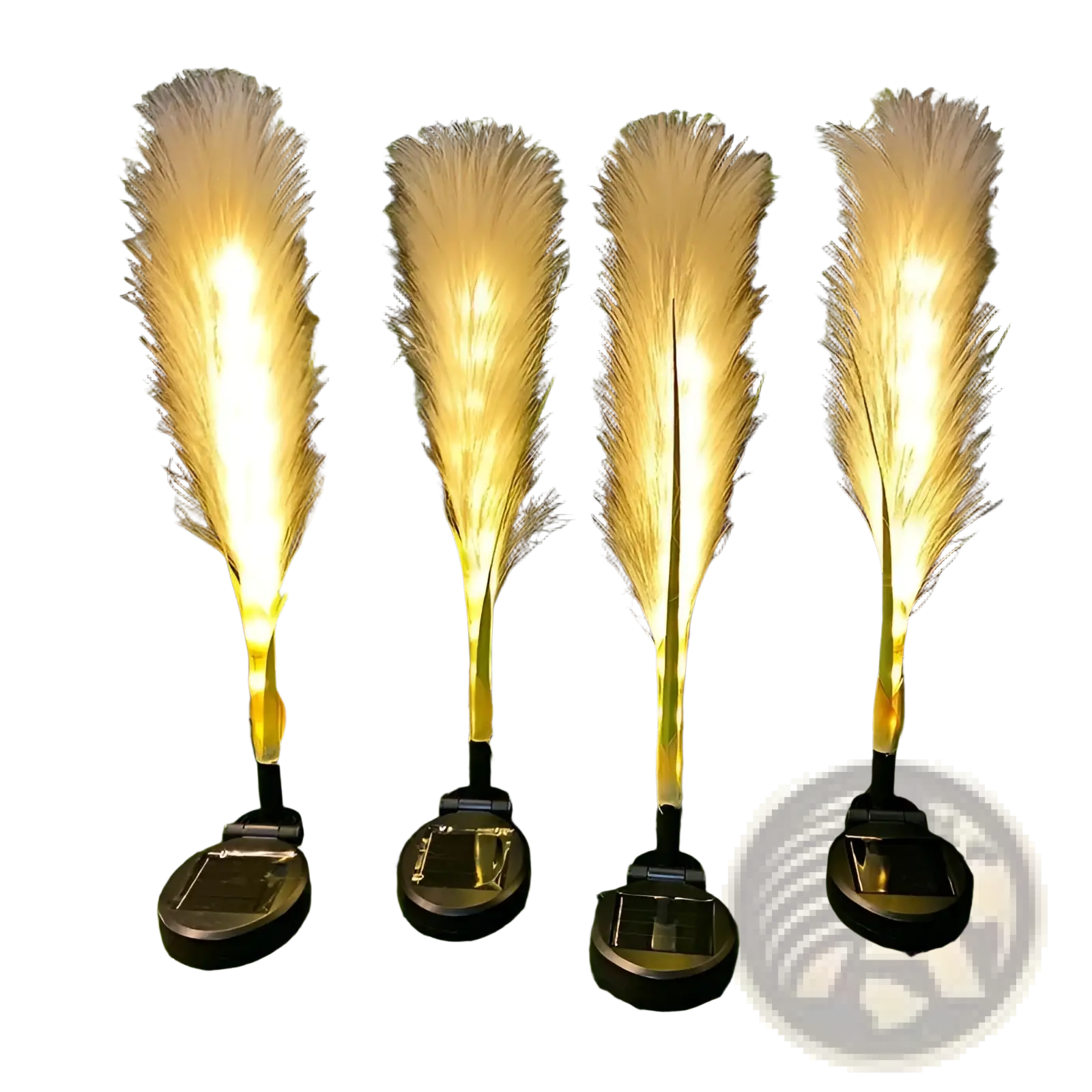 Four illuminated solar garden lights with waterproof yellow feather fibers and black bases in a 4 pack