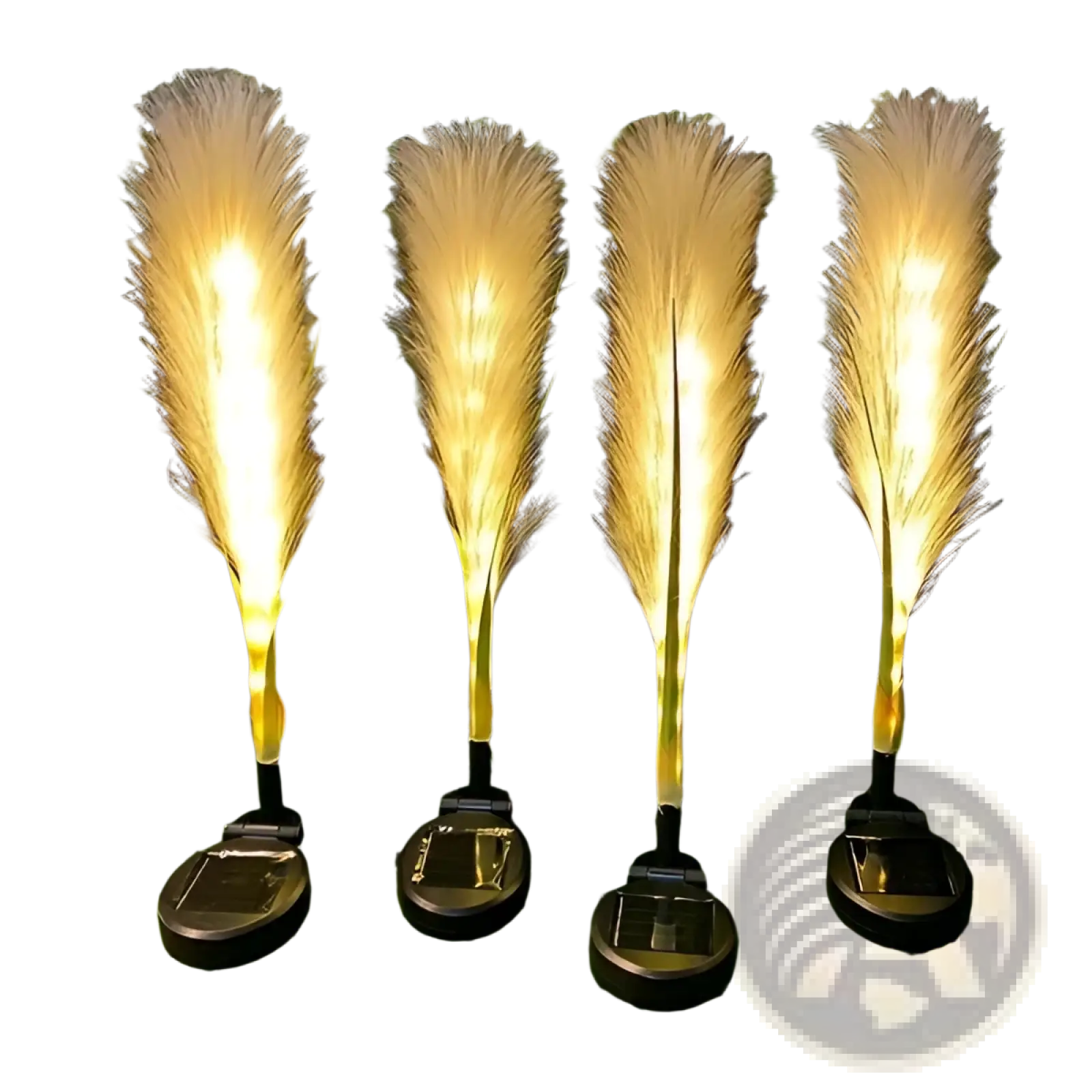 Four golden feather-shaped solar garden lights with glowing tips and black waterproof bases in a 4 pack