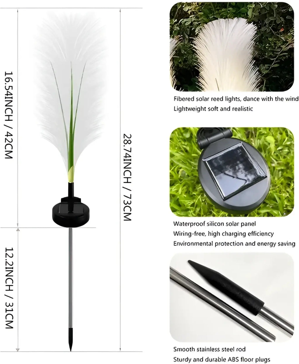 Solar garden light with white feather design, stainless steel rod, and black base in a waterproof 4 pack set