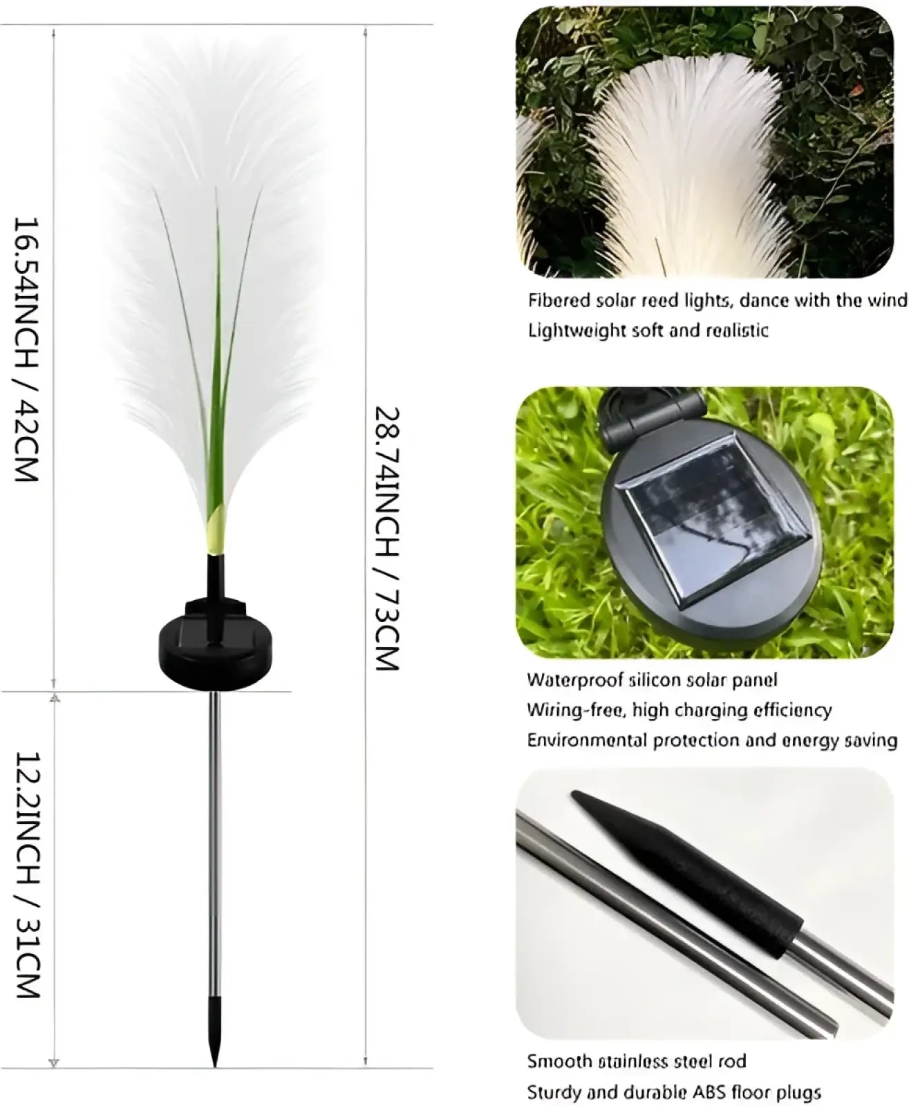 Solar garden light with white feather design, stainless steel rod, and black base in a waterproof 4 pack set