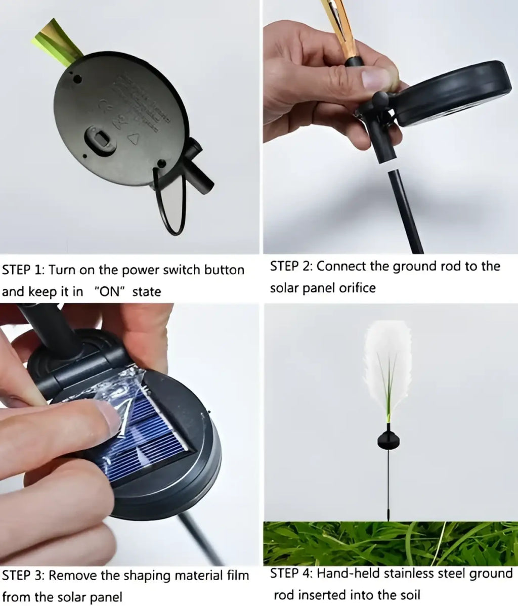 Black solar garden light with blue solar panel and stainless steel rod from waterproof yellow feather 4 pack