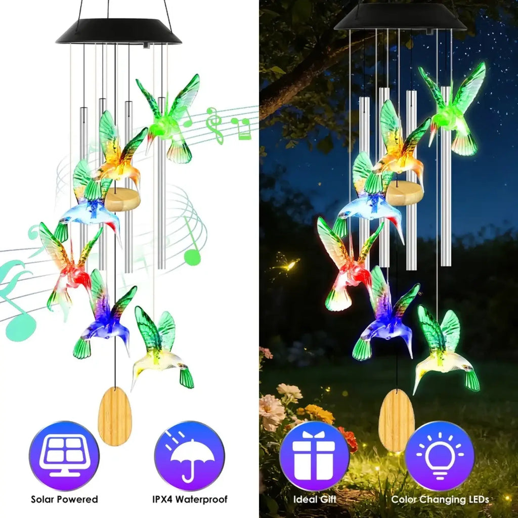 Colorful hummingbird-themed solar-powered wind chime with color-changing led lights for outdoor decor