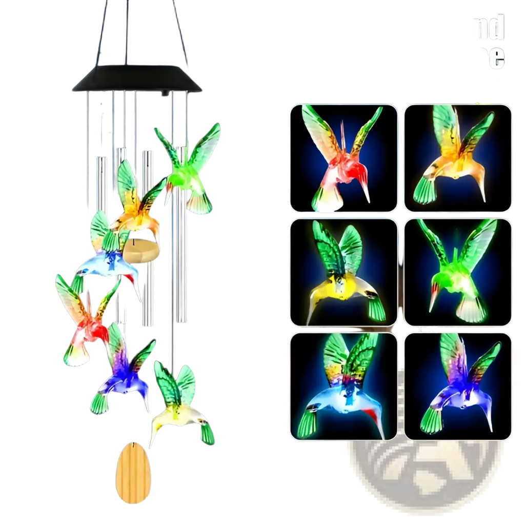 Solar hummingbird wind chimes with color changing led lights, solar powered, metallic tubes, outdoor decorative use
