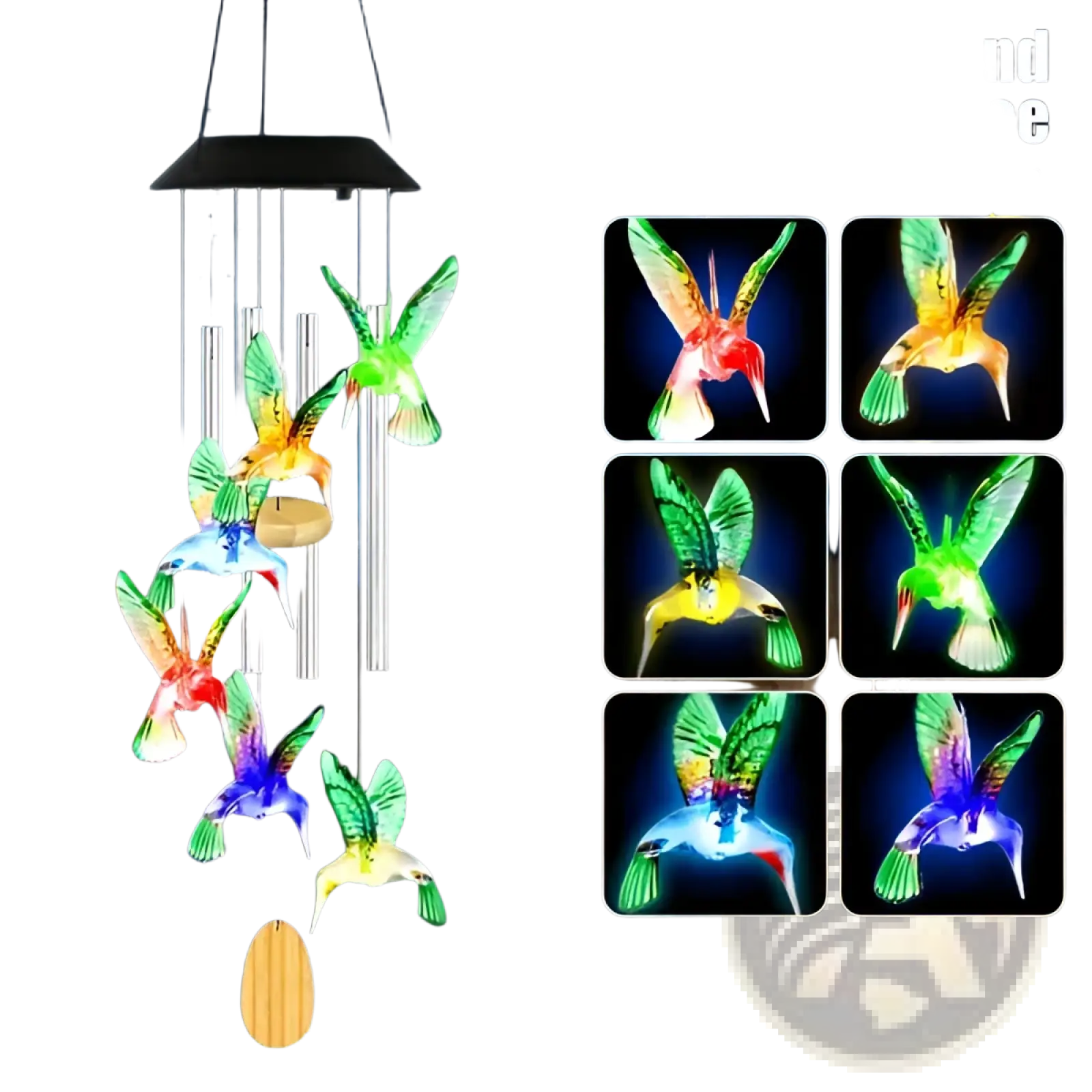 Solar hummingbird wind chimes with color changing led lights, solar powered, metallic tubes, outdoor decorative use