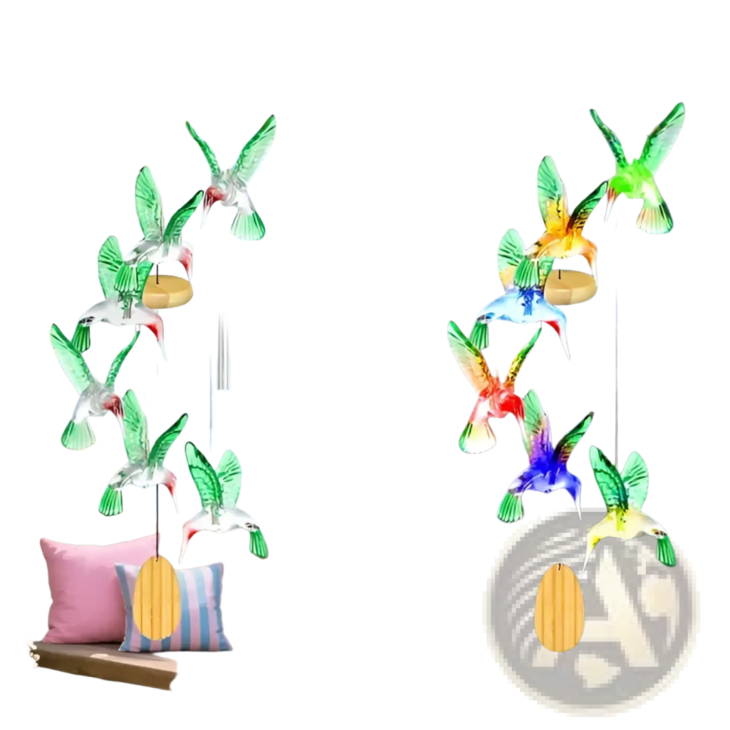 Colorful hummingbird-shaped solar wind chimes with color changing led lights for outdoor decorative lighting