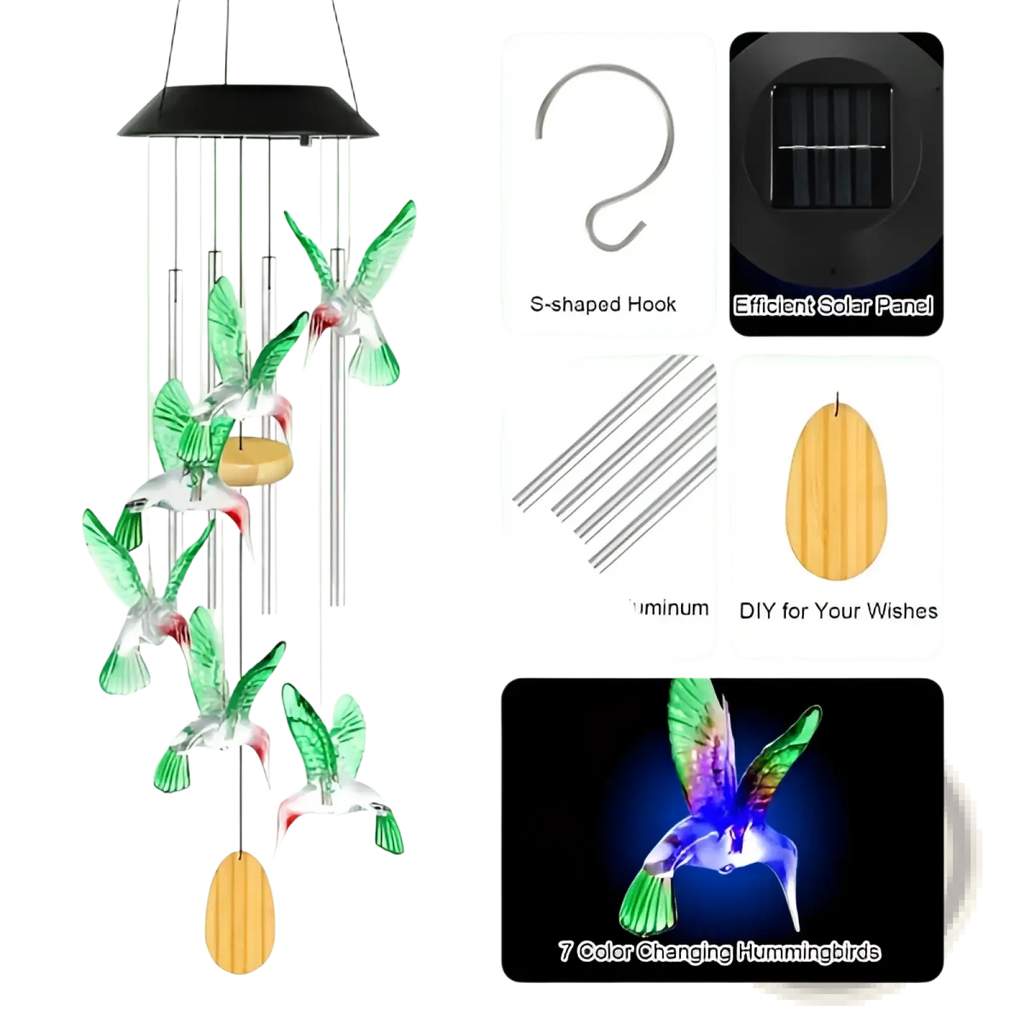 Solar hummingbird wind chimes with color changing LED, translucent green and clear glass birds, bamboo accents, and solar panel top