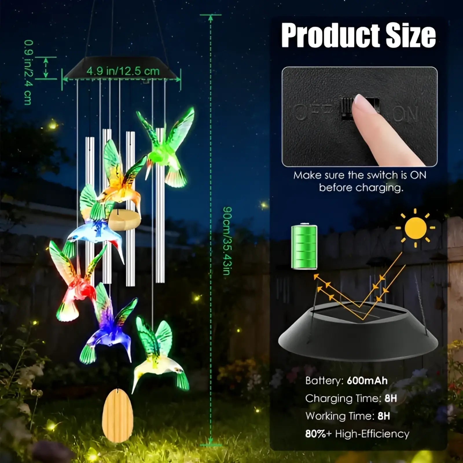 Solar hummingbird wind chimes with colorful color changing led lights and wooden base powered by solar energy