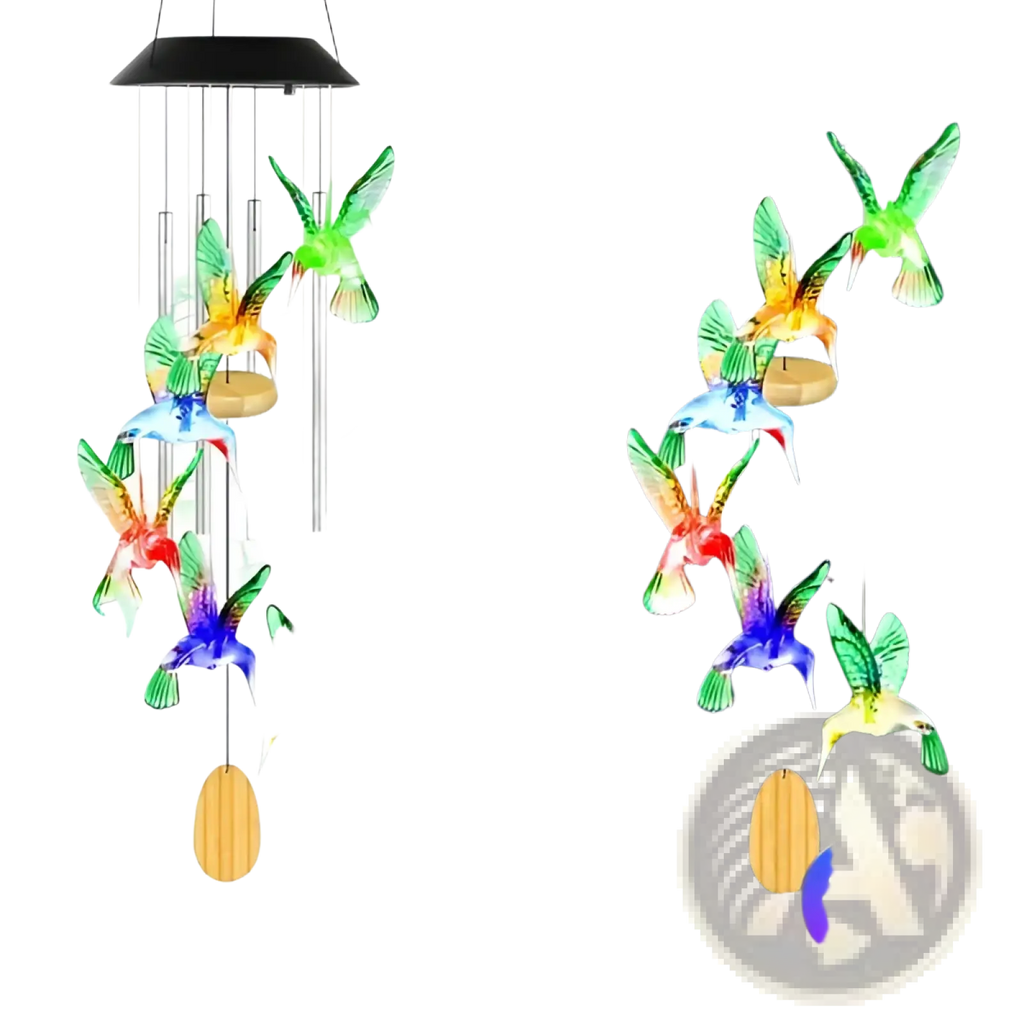 Solar-powered hummingbird wind chime with color-changing led lights and waterproof design for outdoor decor