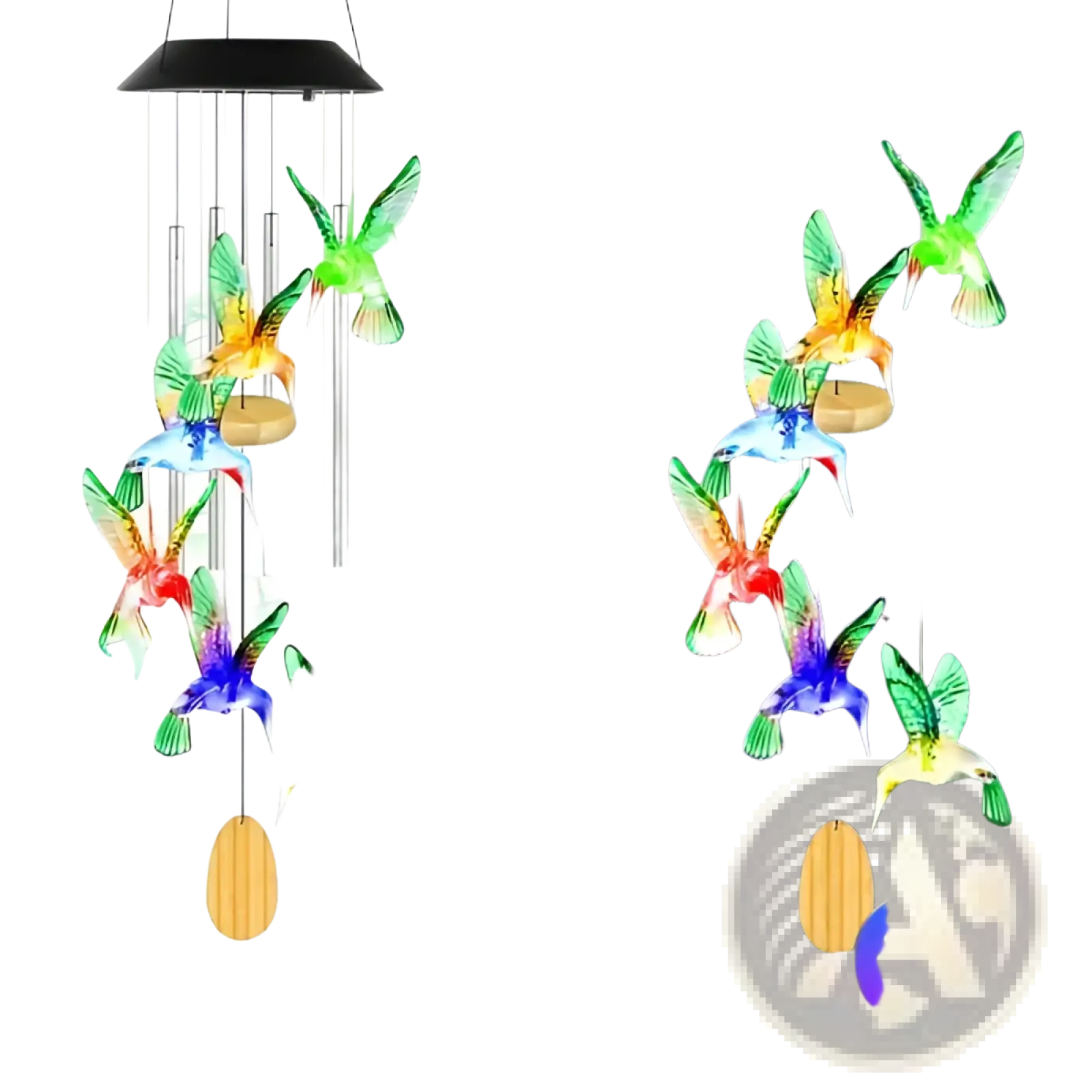 Solar-powered hummingbird wind chime with color-changing led lights and waterproof design for outdoor decor