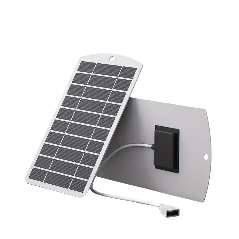 Silver-framed 2w 5v solar panel charger with dark gray cells and usb cable extending from the rear for portable use