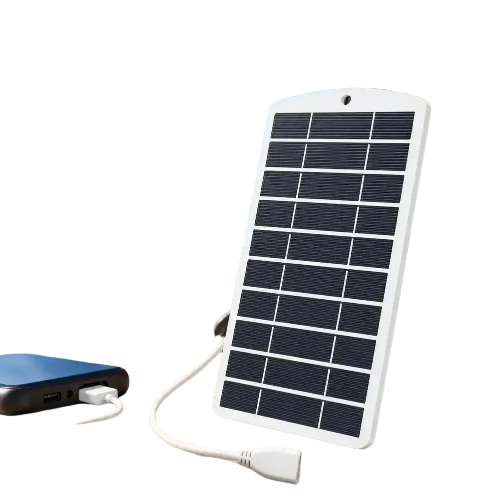 White rectangular solar panel charger with black cells and usb output cable for portable outdoor use 2w solar panel charger