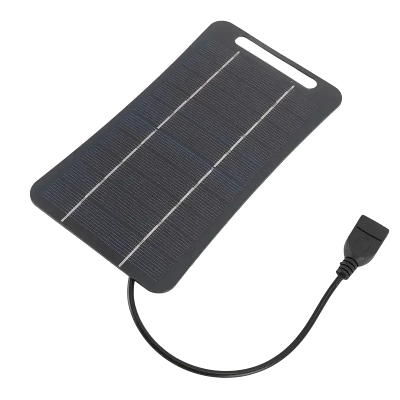 Black rectangular solar panel portable usb charging panel with three photovoltaic cells and usb-a connector to stay connected