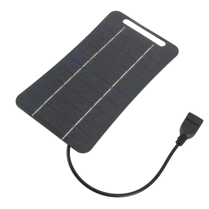 Black rectangular solar panel charging panel with three silver lines and usb cable to stay connected outdoors