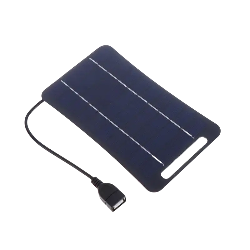 Compact dark blue rectangular solar panel portable usb charging panel with black usb cable to stay connected
