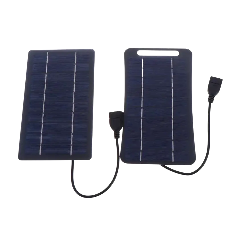 Two dark blue flexible solar panels with white grid lines and black usb cables portable charging panel to stay connected