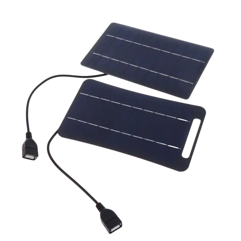 Two dark blue flexible solar panels with usb connectors for portable charging panel to stay connected