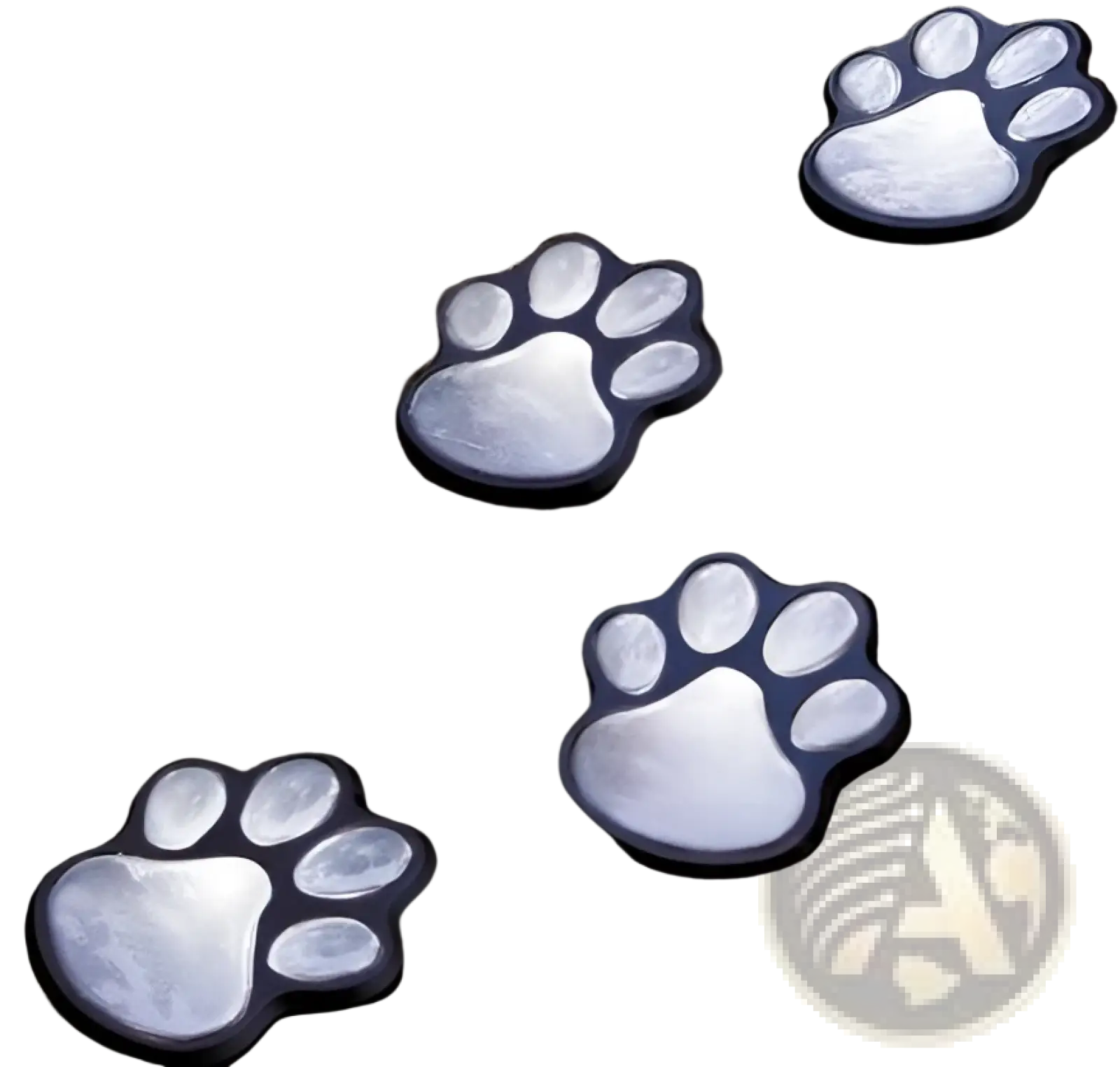 Silver paw print-shaped solar led path lights with black borders on mulch and yellow flowers for outdoor garden decor