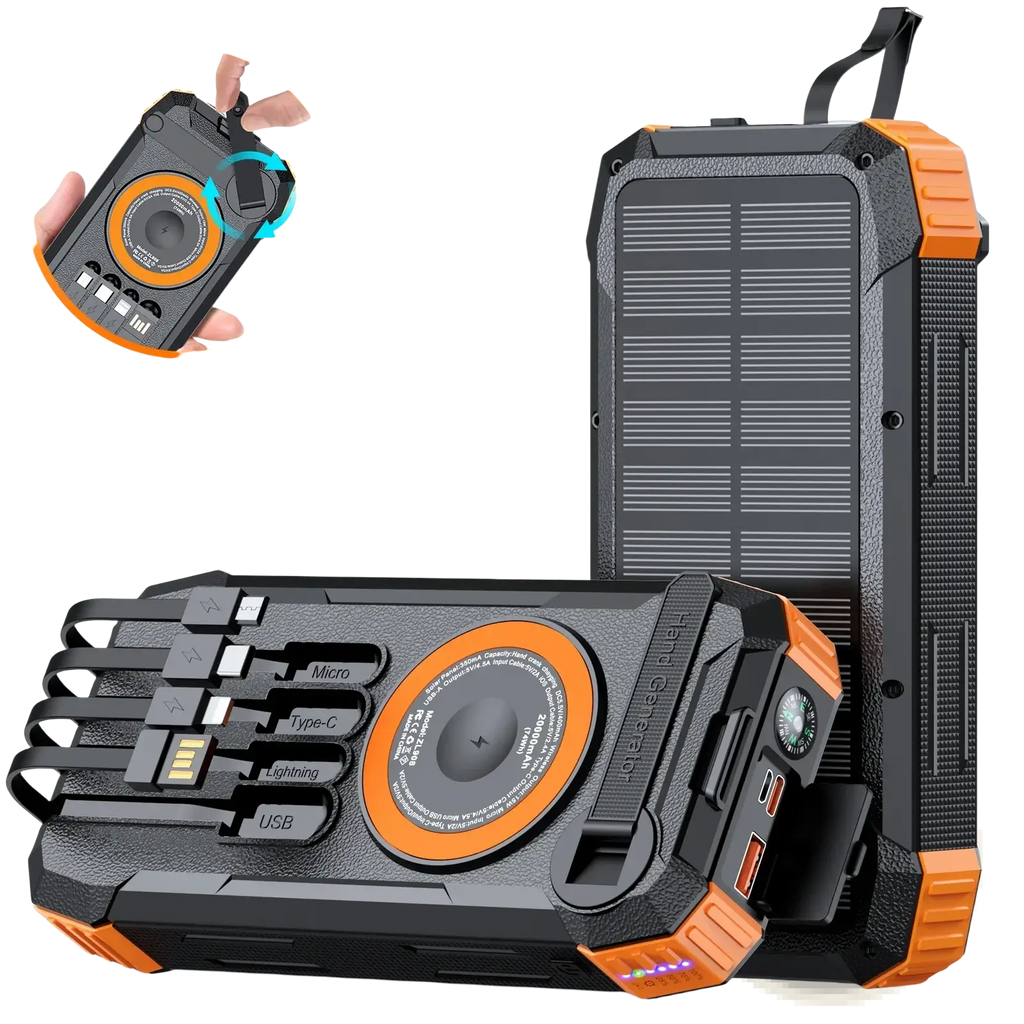 Black and orange rugged solar power bank 100000mah hand crank charger with built-in usb lightning micro-usb and type-c cables