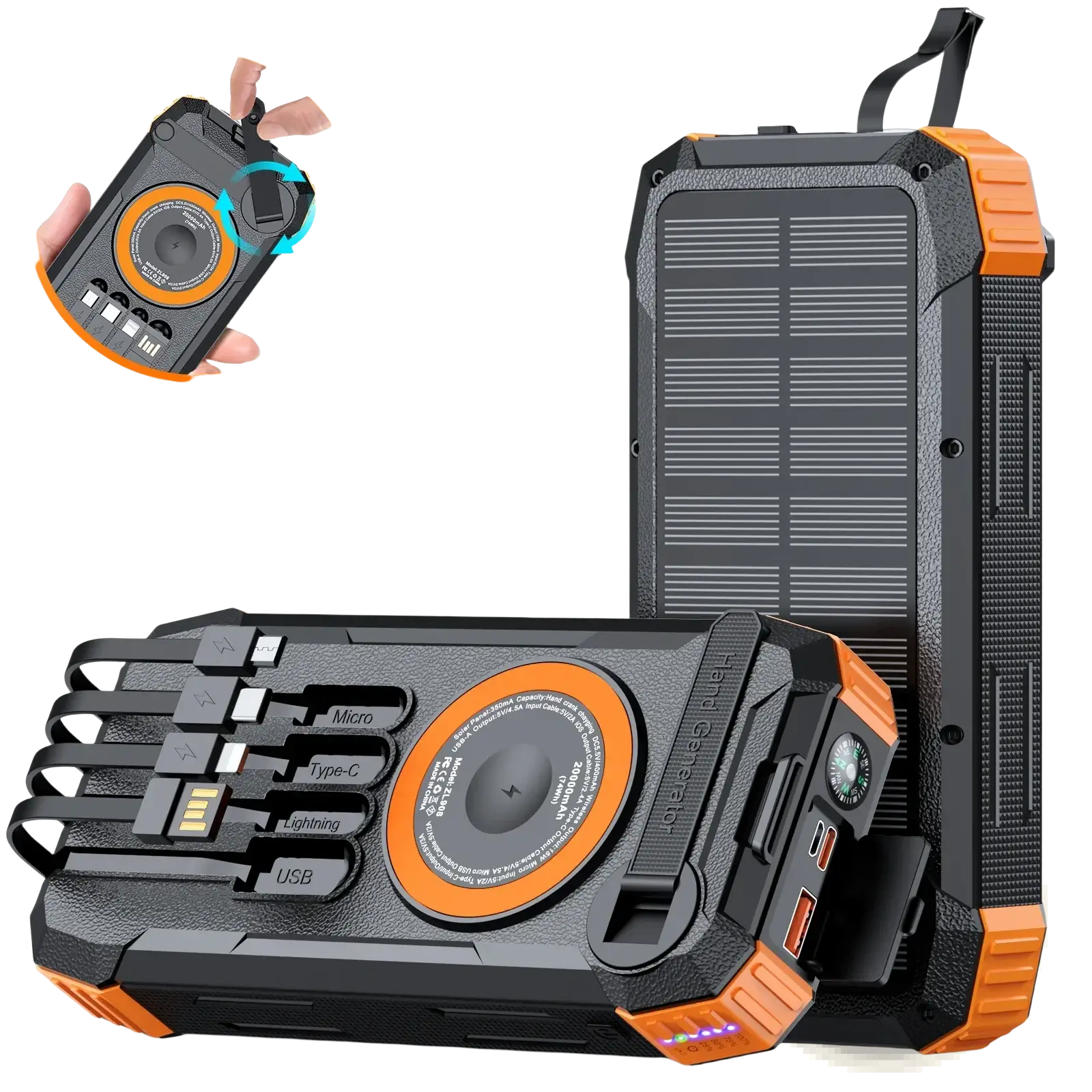 Black and orange rugged solar power bank 100000mah hand crank charger with built-in usb lightning micro-usb and type-c cables