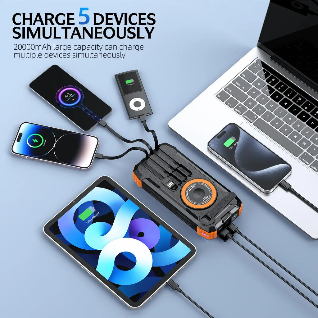 Black and orange rugged solar power bank 100000mAh with hand crank and multiple charging ports for simultaneous use