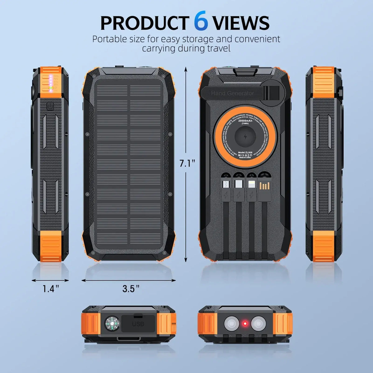 Black and orange rugged portable solar power bank 100000mah with multiple usb ports built-in flashlight and circular power button