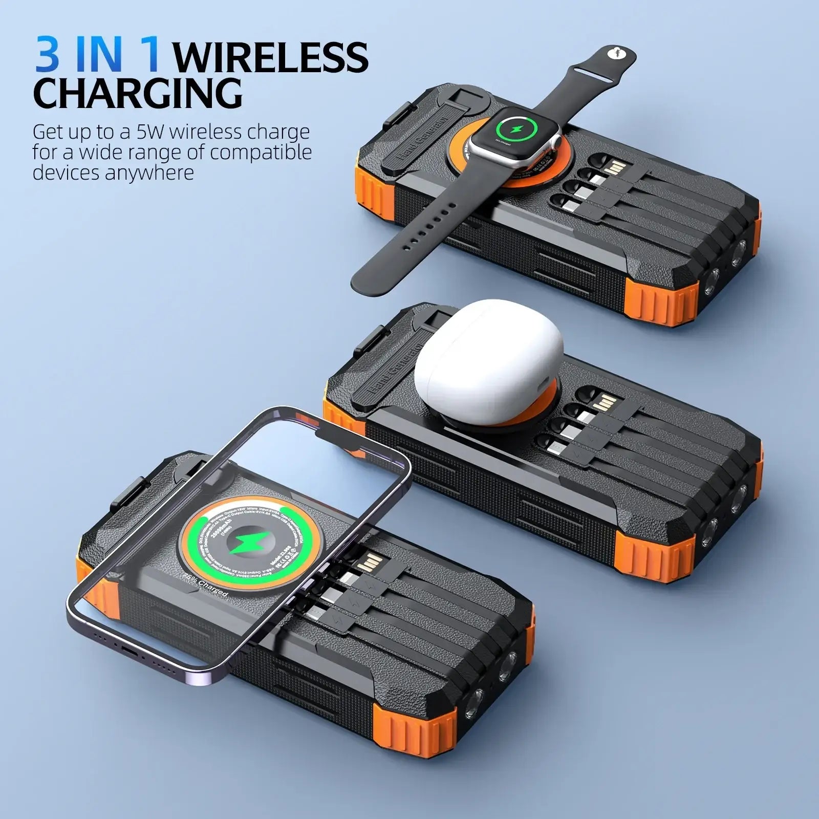 Black and orange rugged 3-in-1 wireless charging solar power bank 100000mah with built-in led lights and hand crank charger
