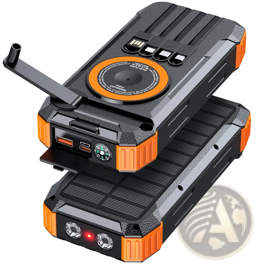 Black and orange rugged solar power bank 100000mah hand crank charger with flashlight usb ports compass and charging pad