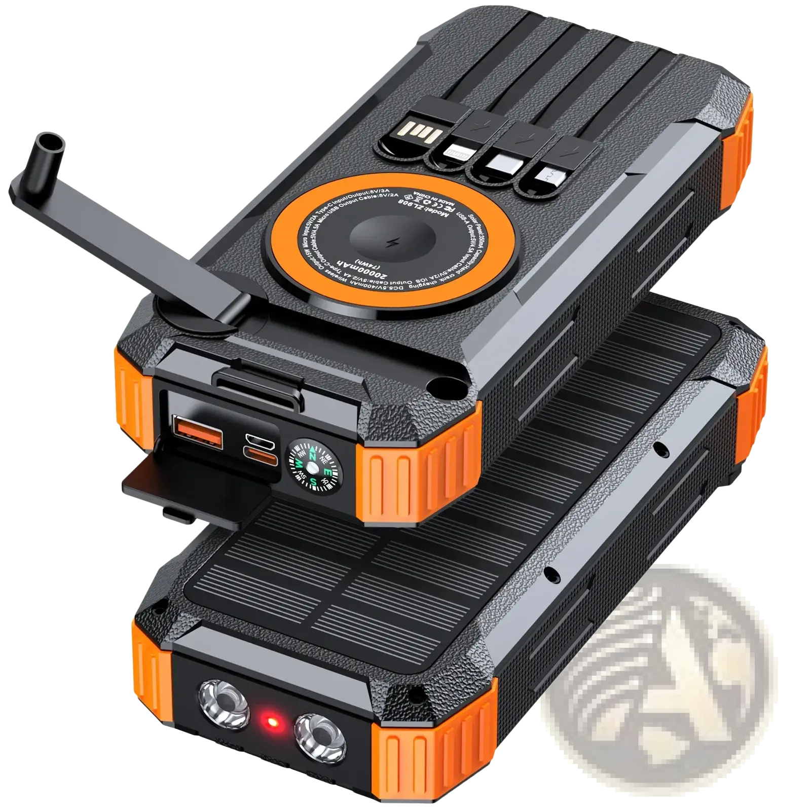 Black and orange rugged solar power bank 100000mah hand crank charger with flashlight usb ports compass and charging pad