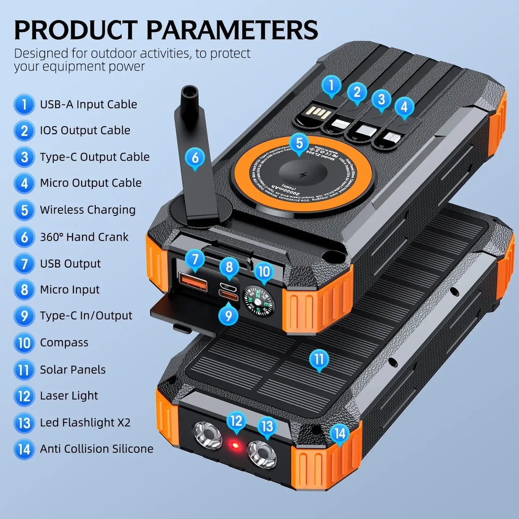 Black and orange rugged solar power bank 100000mah with hand crank, compass, laser light, led flashlight, and multiple ports