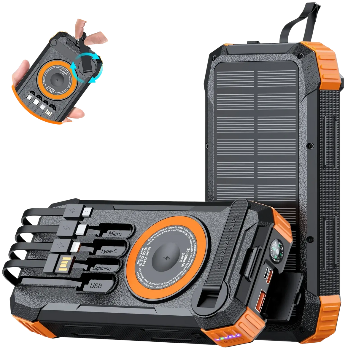 Black and orange rugged solar power bank 100000mah hand crank charger with built-in usb lightning micro-usb and type-c cables