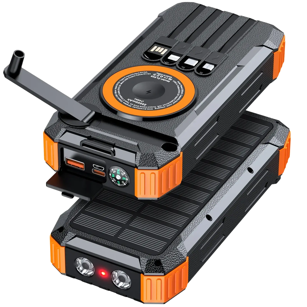 Black and orange rugged solar power bank 100000mah hand crank charger with flashlight usb ports compass and charging pad