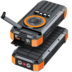 Black and orange rugged solar power bank 100000mah hand crank charger with flashlight usb ports compass and charging pad