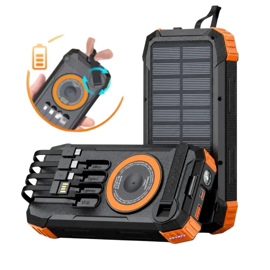 Solar power bank 100000mah with black and orange rugged design solar panel and multiple usb ports with circular control dial