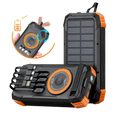 Solar power bank 100000mah with black and orange rugged design solar panel and multiple usb ports with circular control dial