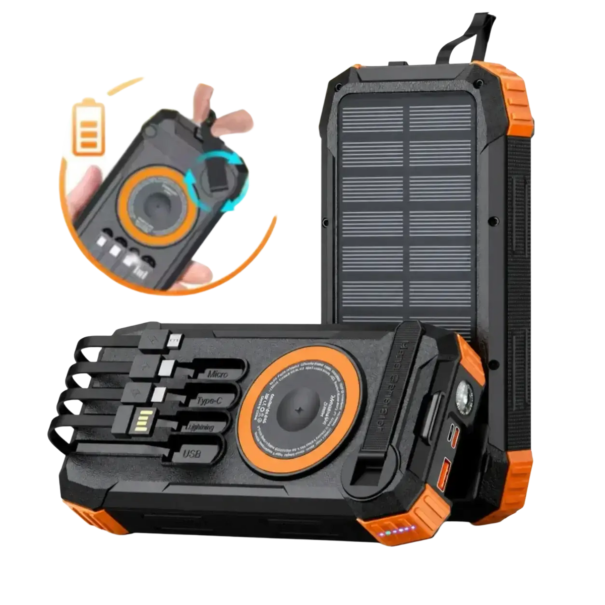 Black and orange rugged solar power bank 100000mah with solar panel multiple usb ports and circular dial