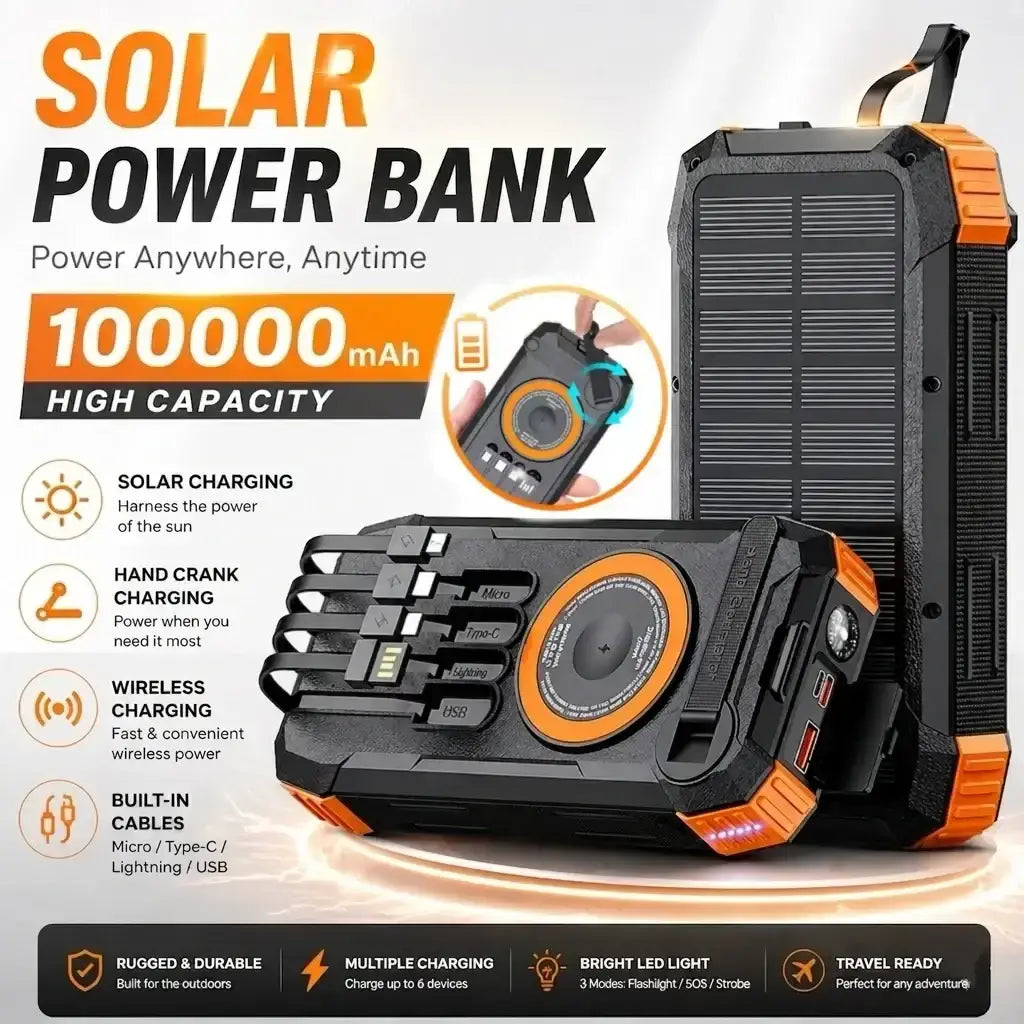 Black and orange rugged solar power bank with solar panel, built-in led light, multiple ports, and durable outdoor design