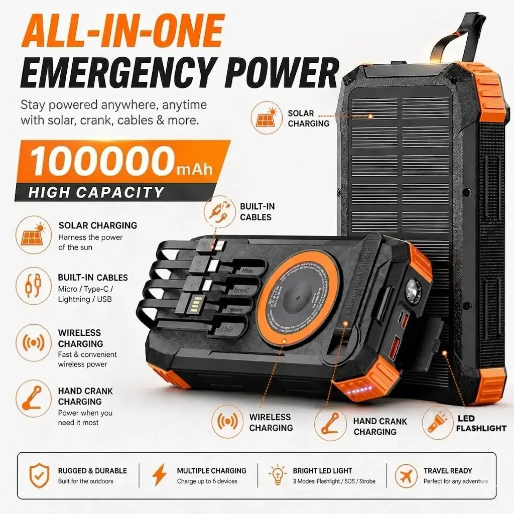 Black and orange rugged all-in-one solar power bank 100000mah with solar panel, multiple ports, hand crank, and led flashlight