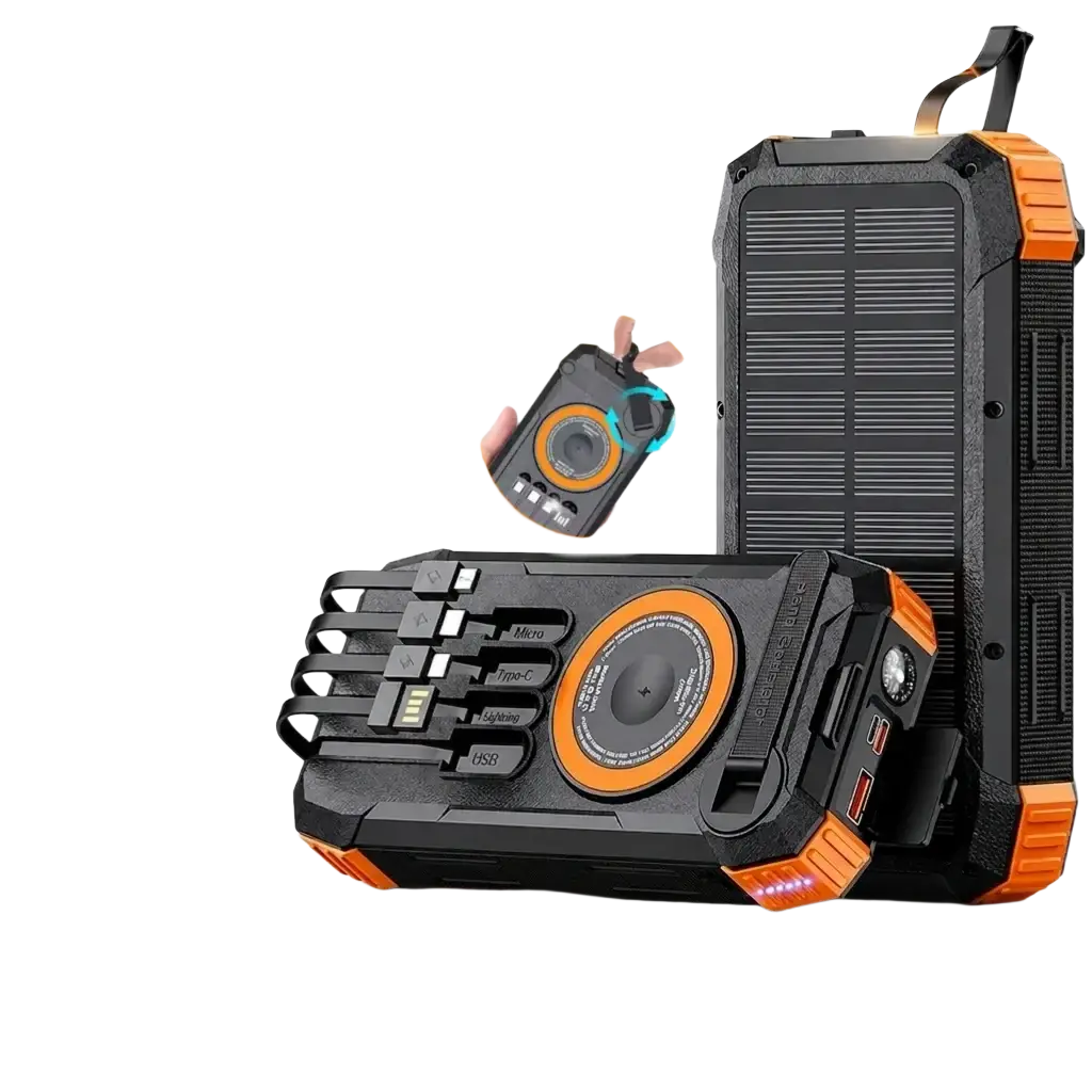 Black and orange rugged solar power bank with 100000mah high capacity and integrated solar panel for outdoor use