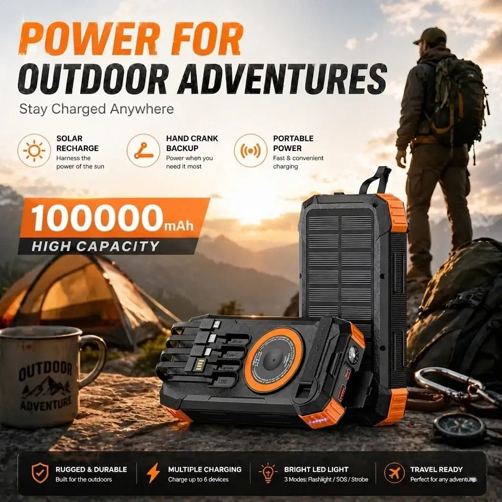 Black and orange rugged solar power bank 100000mah with solar panel hand crank backup and multiple charging ports