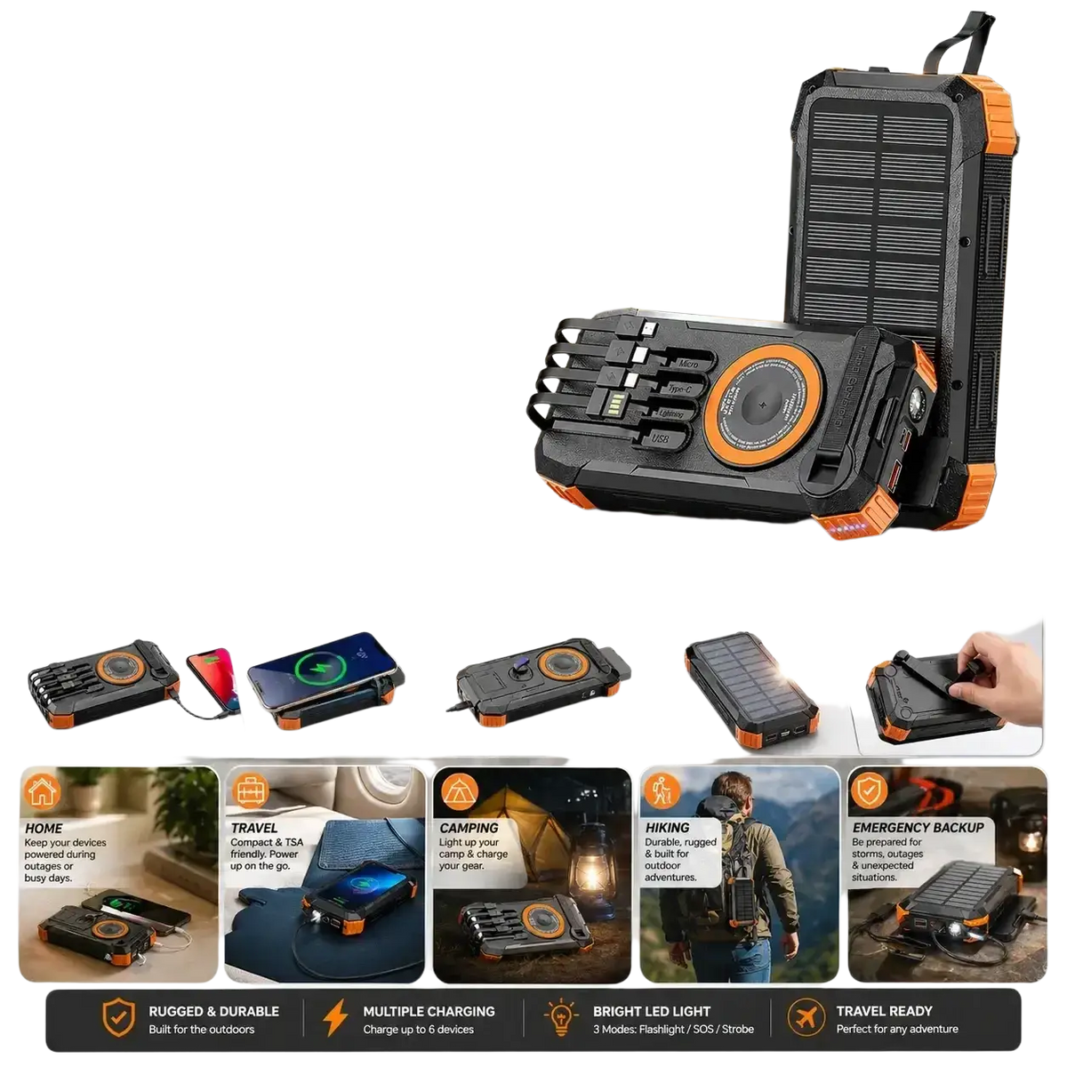 Black and orange rugged solar power bank 100000mah with solar panel hand crank multiple ports and built-in led light