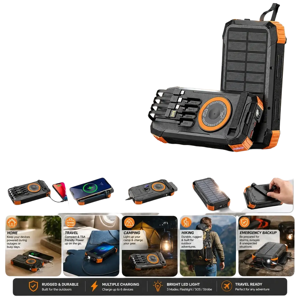 Orange and black rugged portable solar power bank 100000mah with solar panel hand crank multiple charging ports and led light