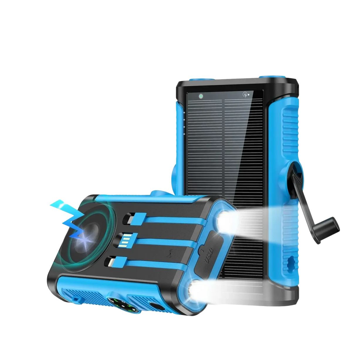 Blue and black rugged solar power bank 20000mah with hand crank and magnetic wireless charging capability