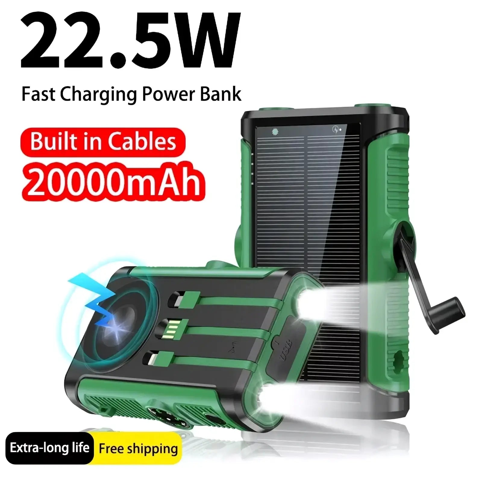 Solar power bank 20000mah hand crank charger in green and black with built-in cables and rugged design for emergency use