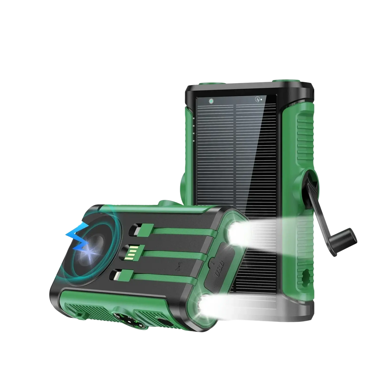 Green and black rugged solar power bank 20000mah with hand crank flashlight and magnetic wireless charging features