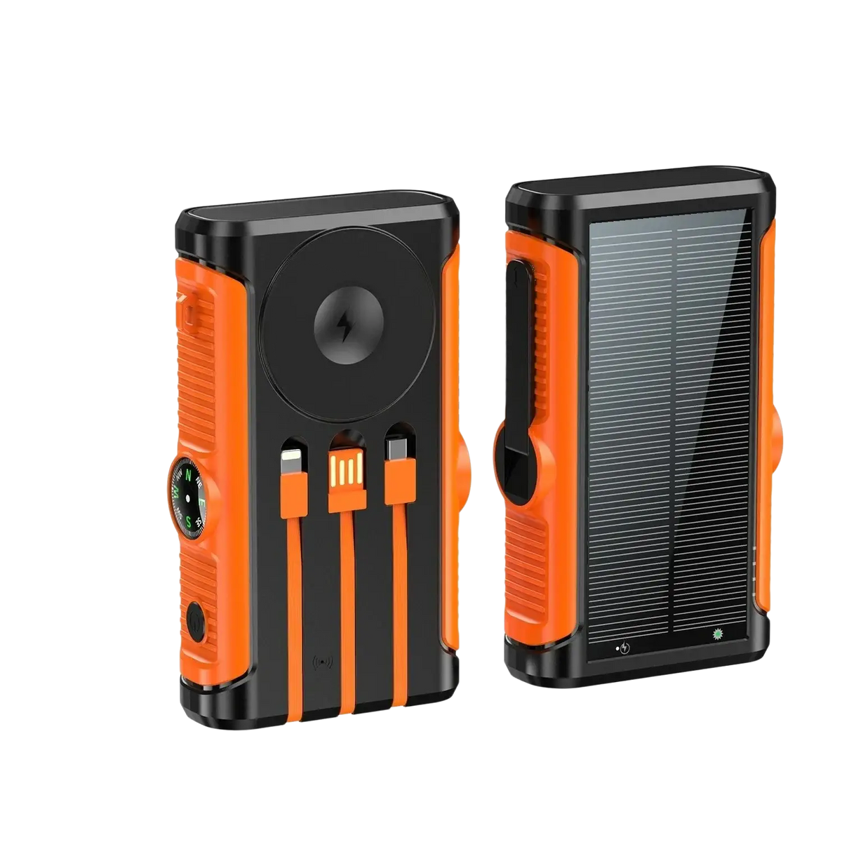 Orange and black solar power bank 20000mAh magnetic wireless charger with hand crank and integrated compass