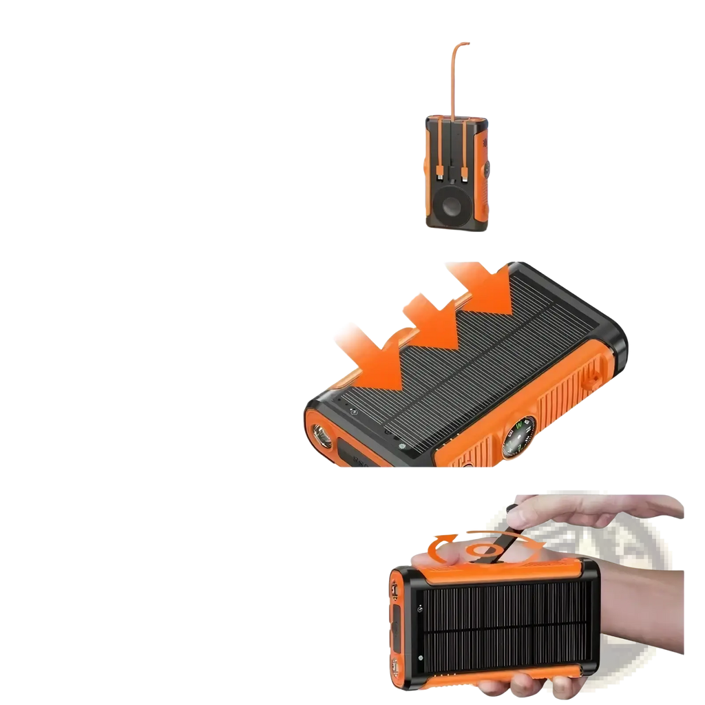 Orange and black portable solar power bank 20000mAh hand crank charger with rugged textured design
