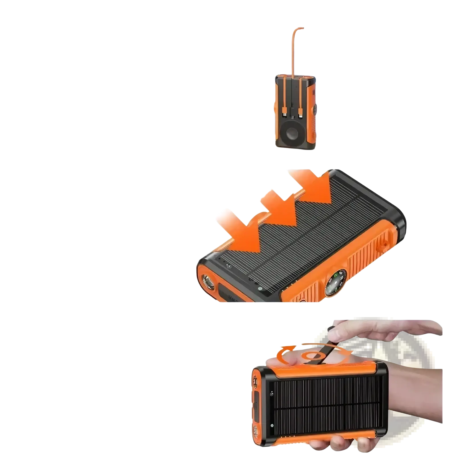 Orange and black portable solar power bank 20000mAh hand crank charger with rugged textured design