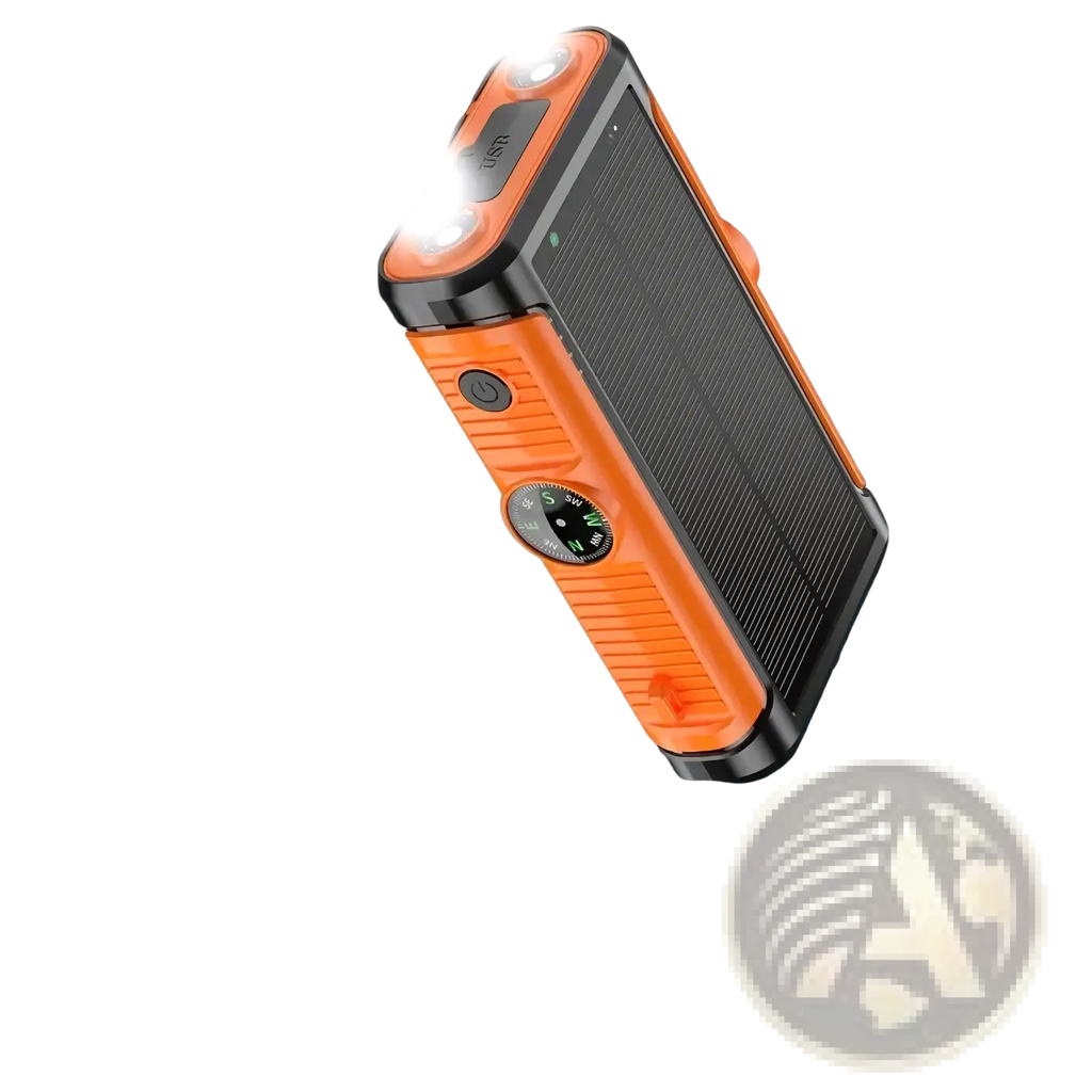 Orange and black solar power bank 20000mah hand crank charger with built-in flashlight sos button and compass
